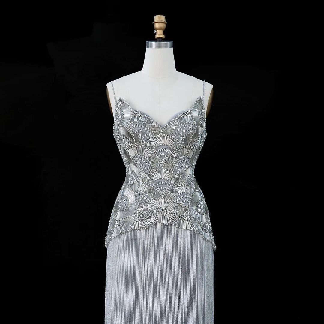 Dreamy Vow Gold Strapless Beaded Fringe Column Evening Gown SS336