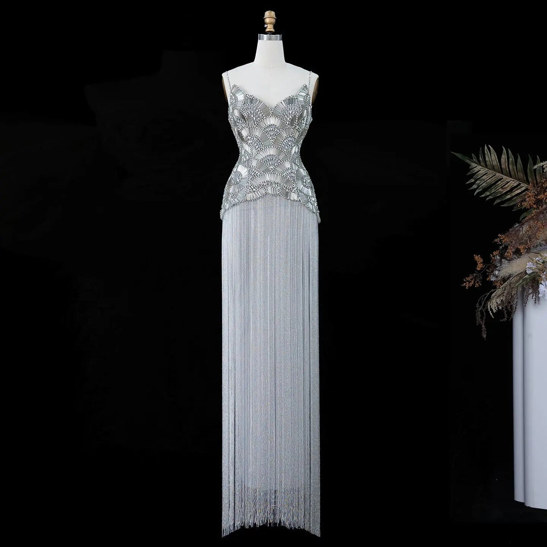 Dreamy Vow Gold Strapless Beaded Fringe Column Evening Gown SS336