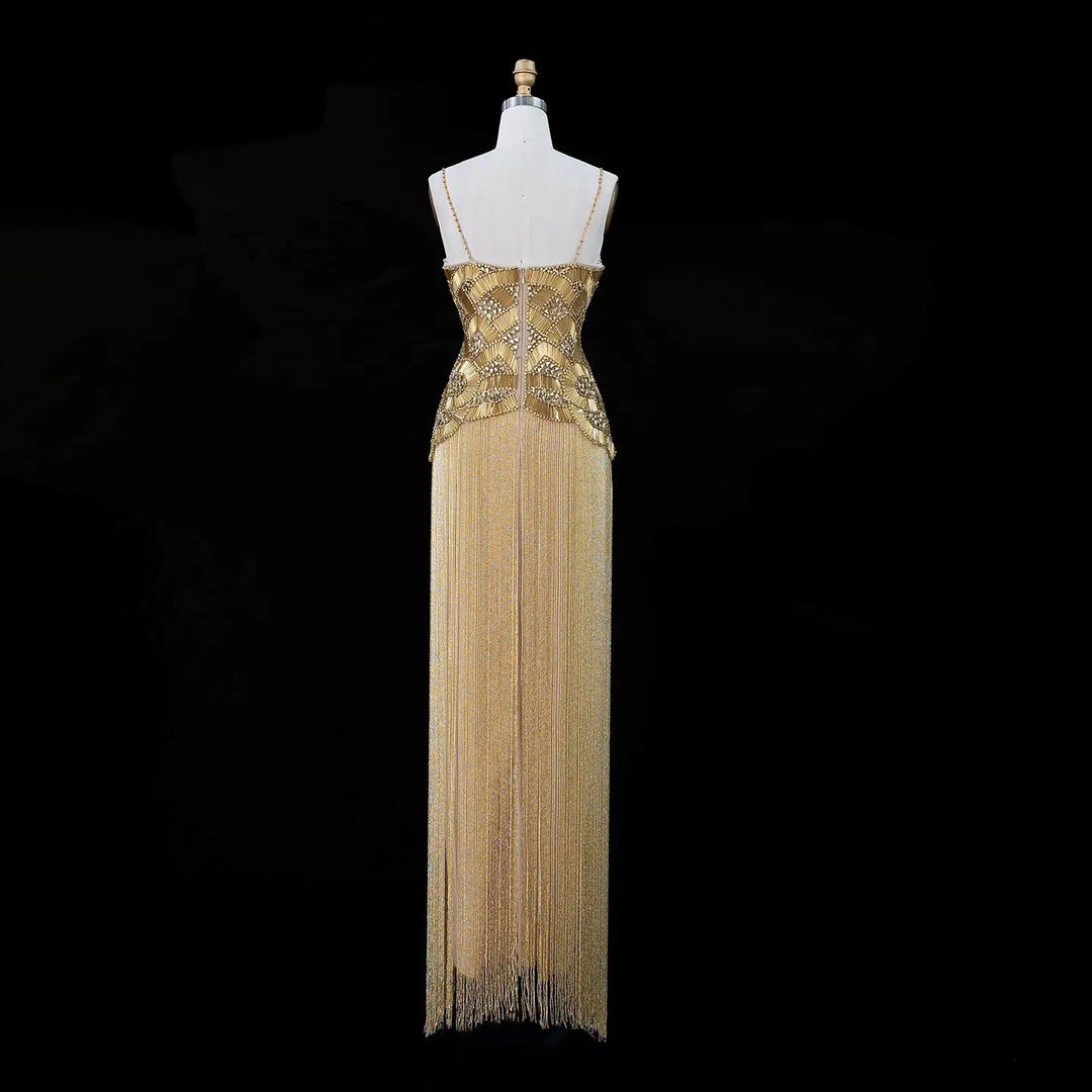 Dreamy Vow Gold Strapless Beaded Fringe Column Evening Gown SS336