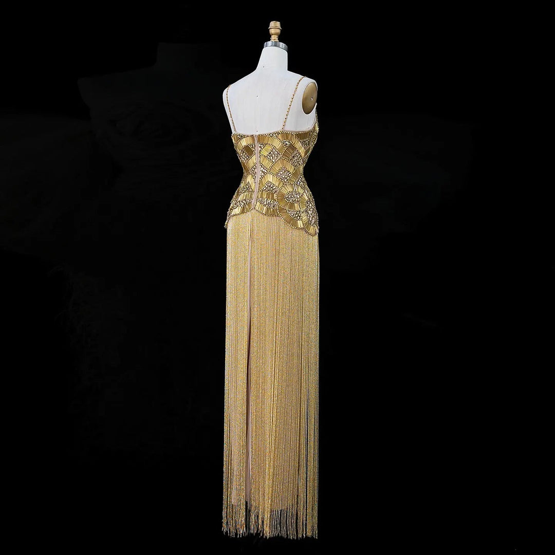 Dreamy Vow Gold Strapless Beaded Fringe Column Evening Gown SS336