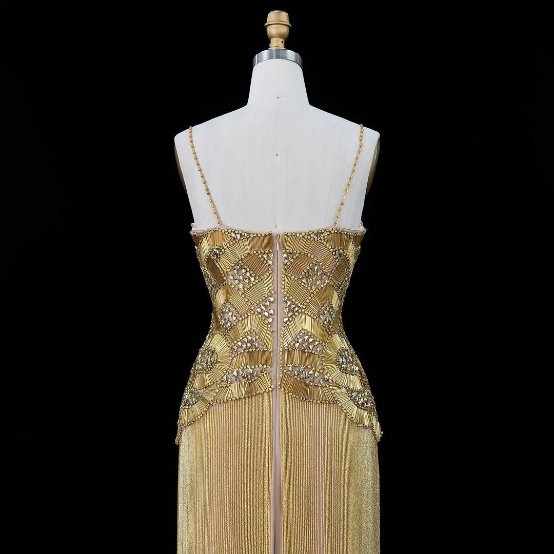 Dreamy Vow Gold Strapless Beaded Fringe Column Evening Gown SS336