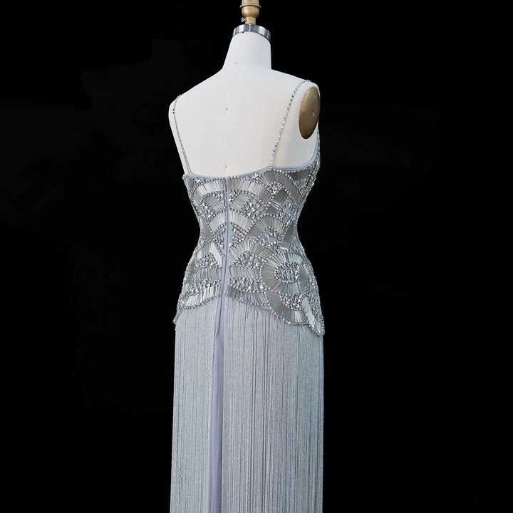 Dreamy Vow Gold Strapless Beaded Fringe Column Evening Gown SS336