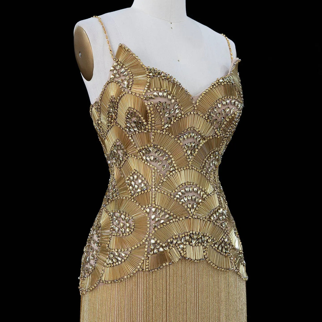 Dreamy Vow Gold Strapless Beaded Fringe Column Evening Gown SS336