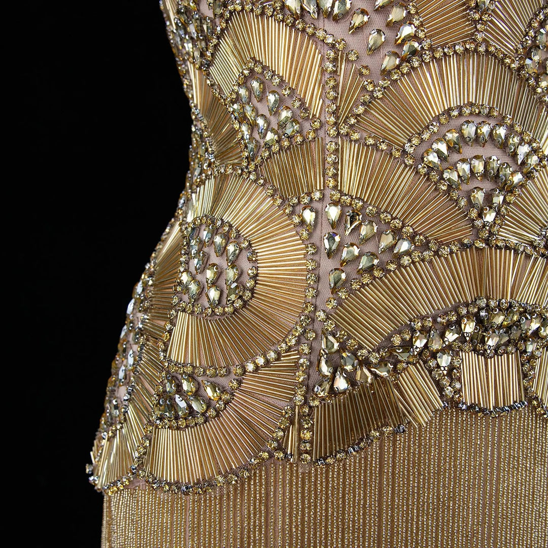 Dreamy Vow Gold Strapless Beaded Fringe Column Evening Gown SS336