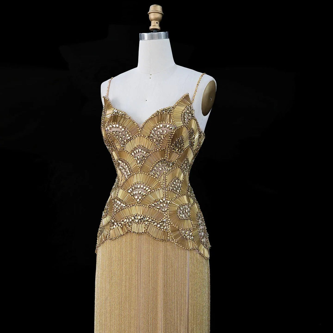 Dreamy Vow Gold Strapless Beaded Fringe Column Evening Gown SS336
