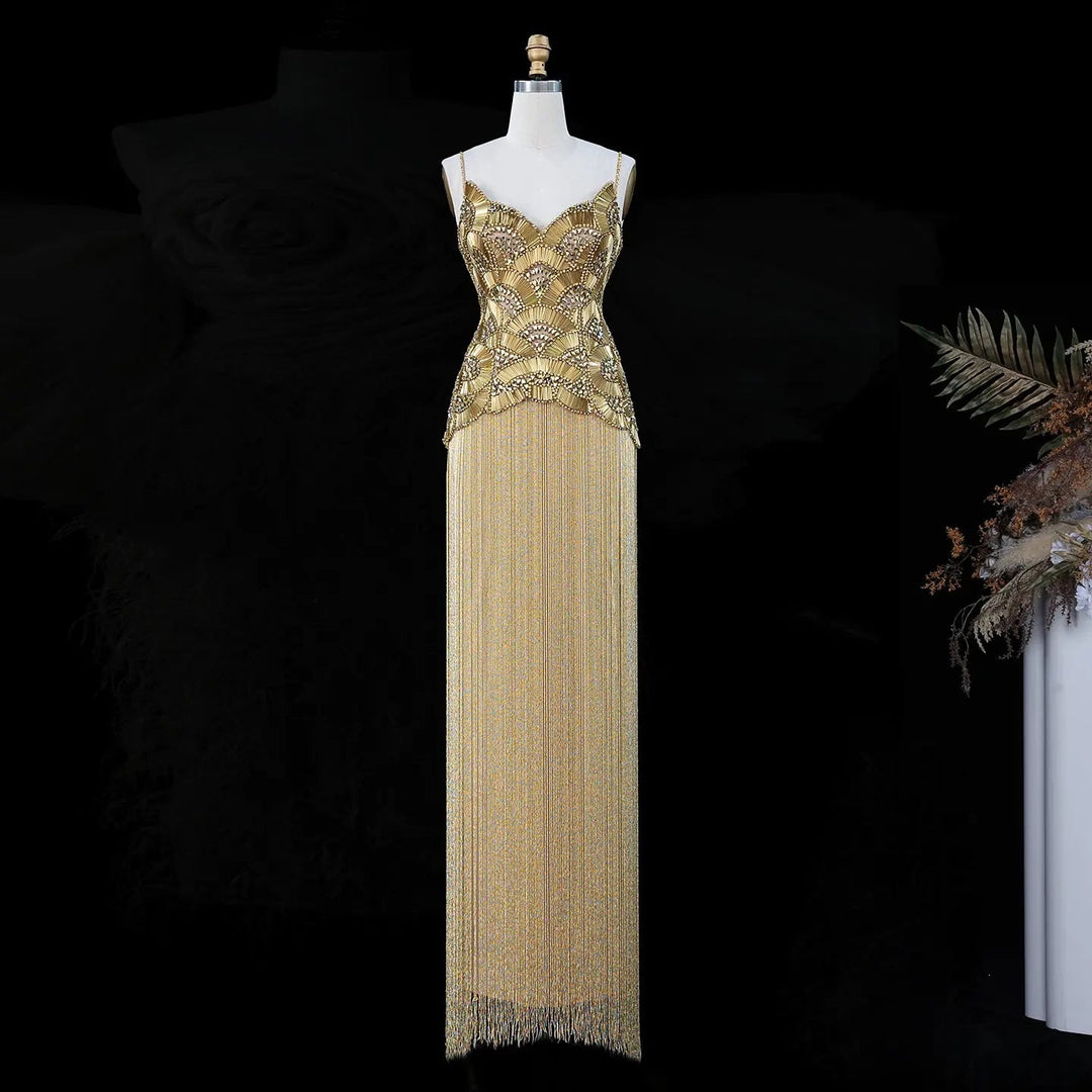 Dreamy Vow Gold Strapless Beaded Fringe Column Evening Gown SS336