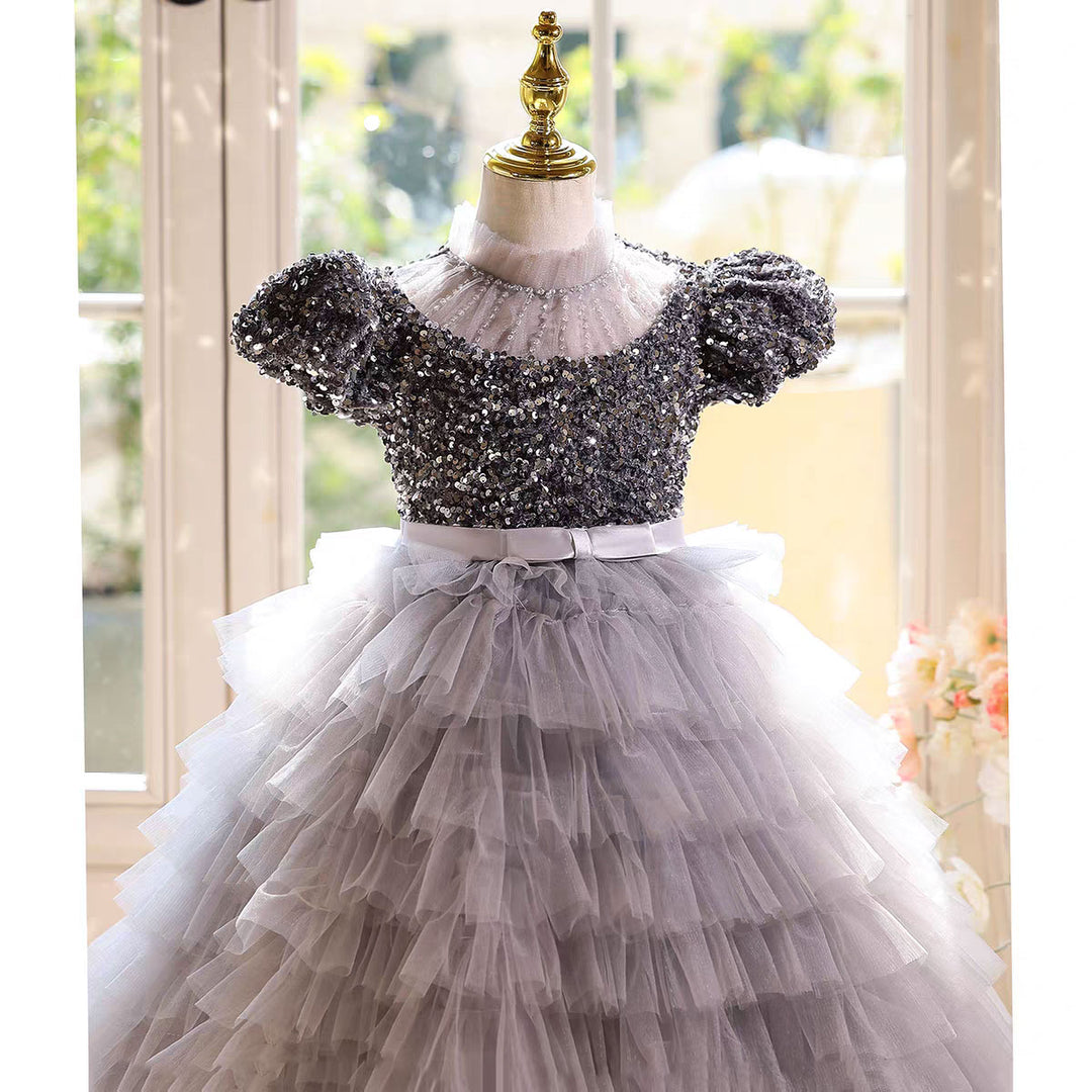 Elegant Gray Sequin Flower Girl Dress Princess Birthday Party Gown D184