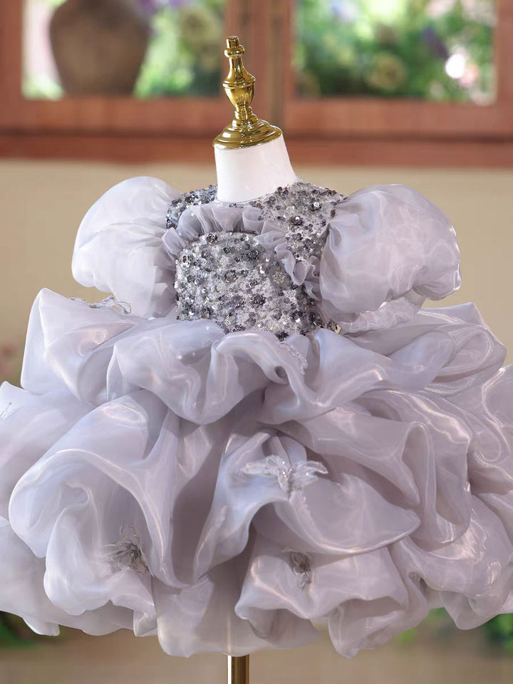 Luxury Gray Tulle Flower Girl Dress Birthday & Wedding Gown D166
