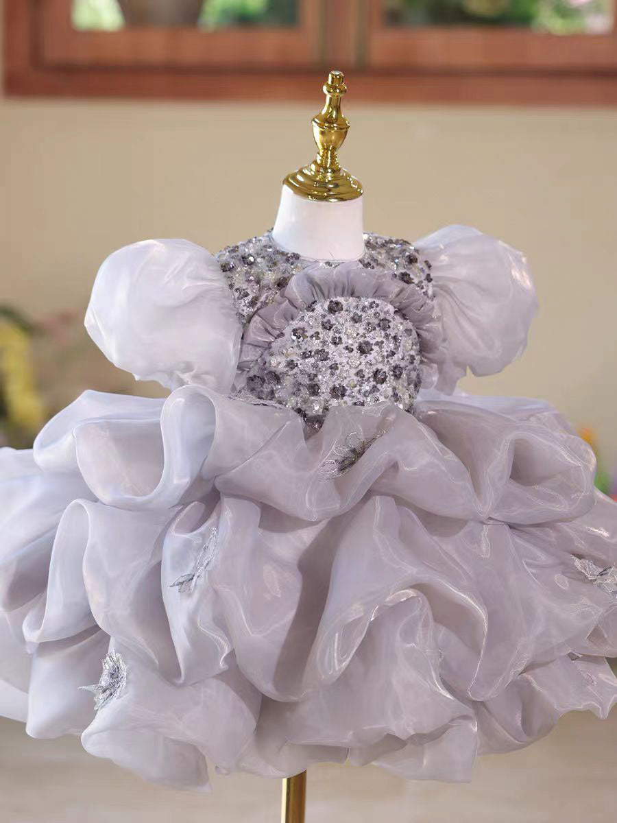 Luxury Gray Tulle Flower Girl Dress Birthday & Wedding Gown D166