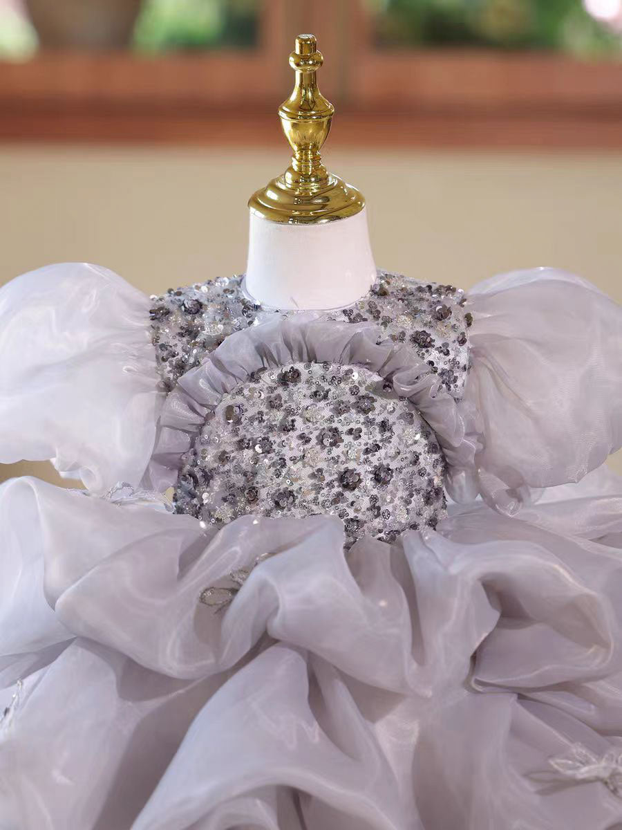 Luxury Gray Tulle Flower Girl Dress Birthday & Wedding Gown D166