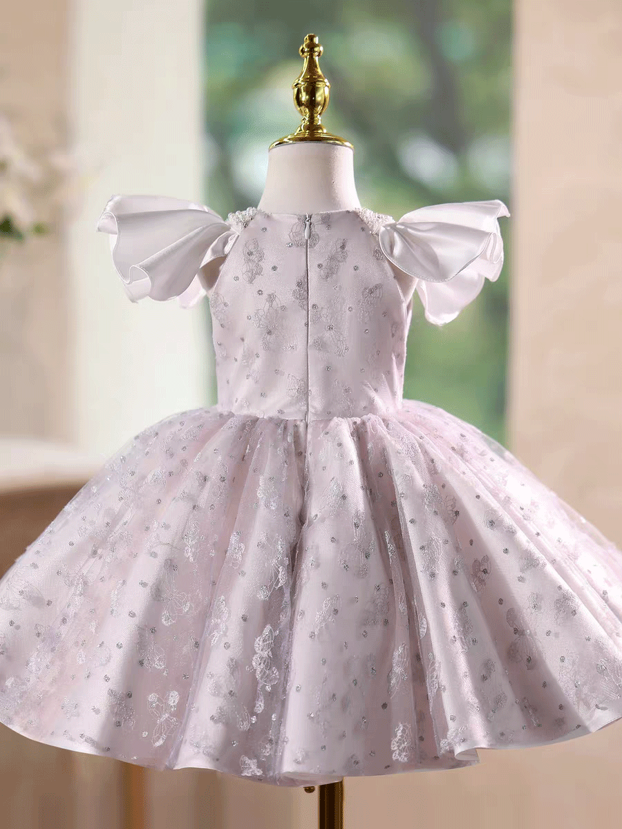 Sparkly Gray Pink Tulle Flower Girl Dress Princess Birthday Party Dress D245