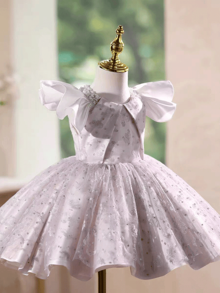 Sparkly Gray Pink Tulle Flower Girl Dress Princess Birthday Party Dress D245