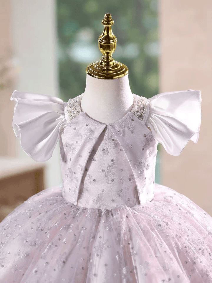 Sparkly Gray Pink Tulle Flower Girl Dress Princess Birthday Party Dress D245