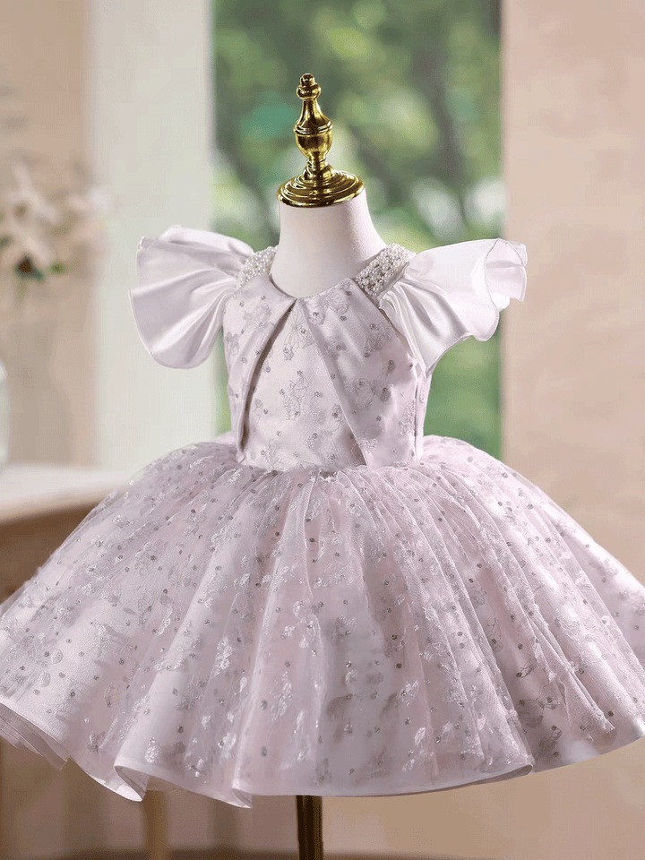 Sparkly Gray Pink Tulle Flower Girl Dress Princess Birthday Party Dress D245