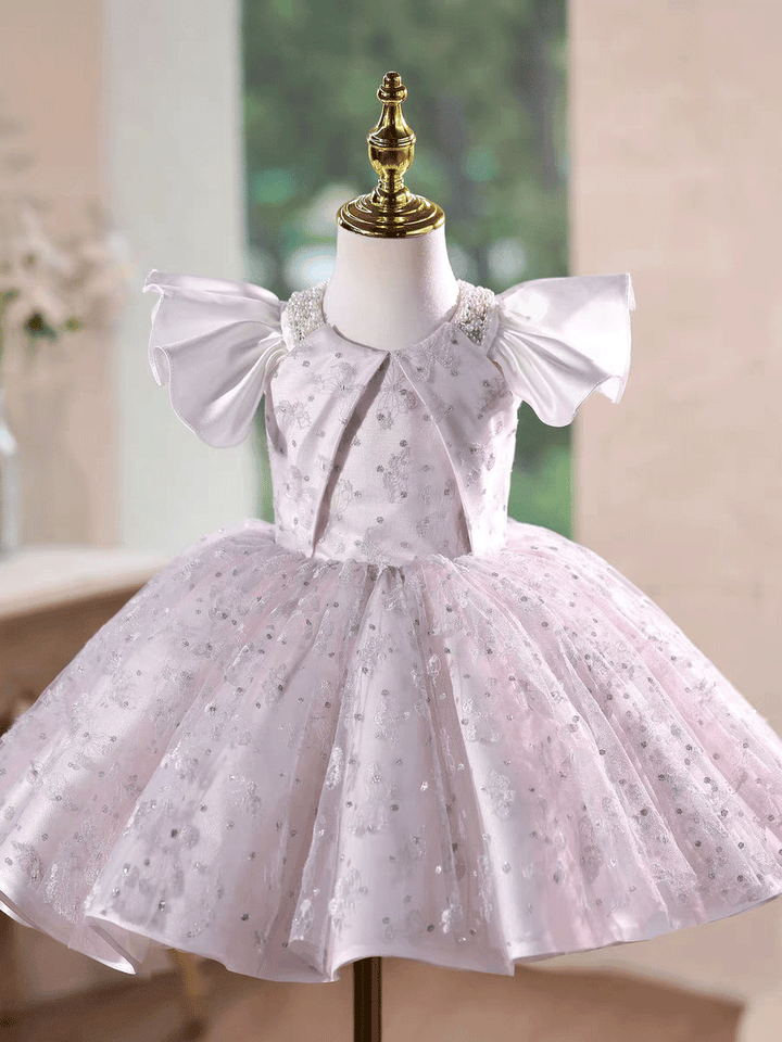 Sparkly Gray Pink Tulle Flower Girl Dress Princess Birthday Party Dress D245