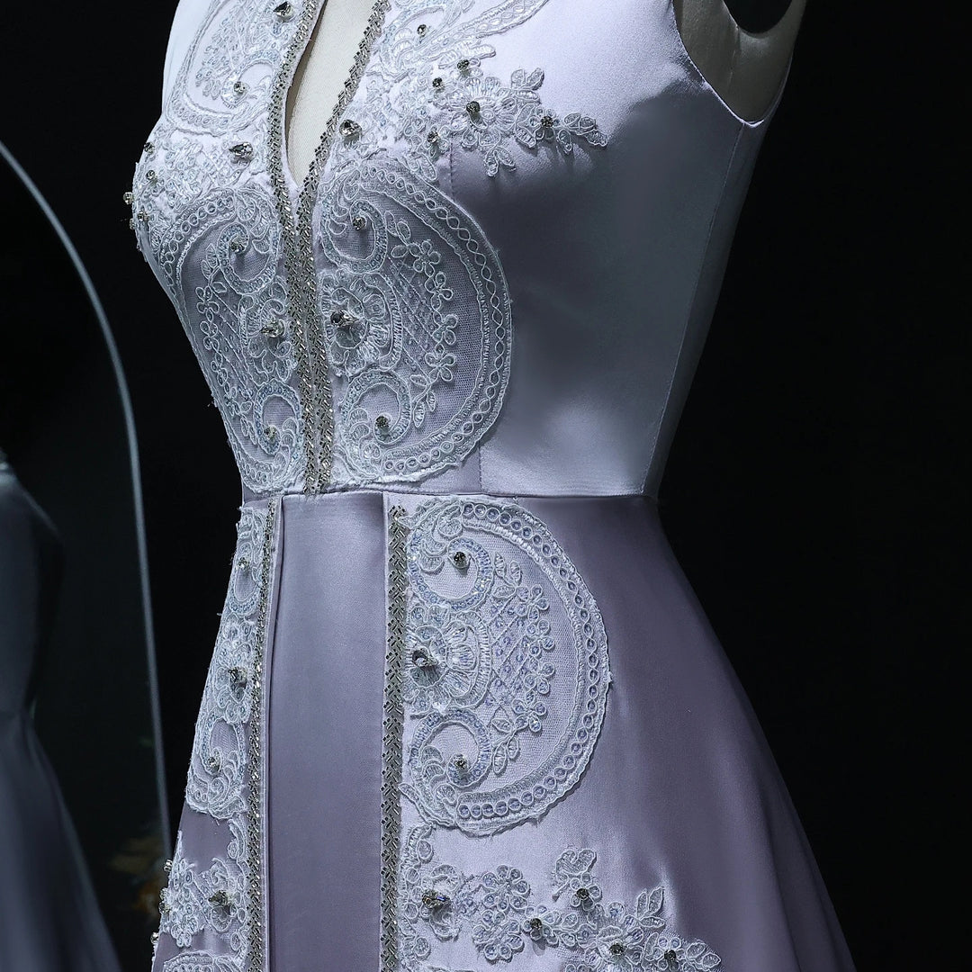 Gray Satin High Neck Evening Dress with Embroidery XD-003