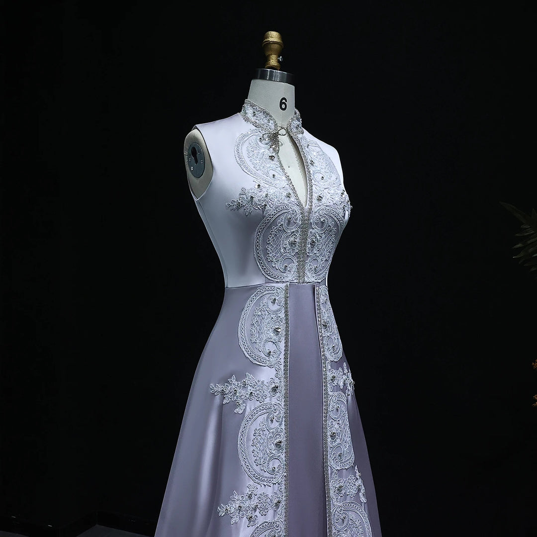 Gray Satin High Neck Evening Dress with Embroidery XD-003