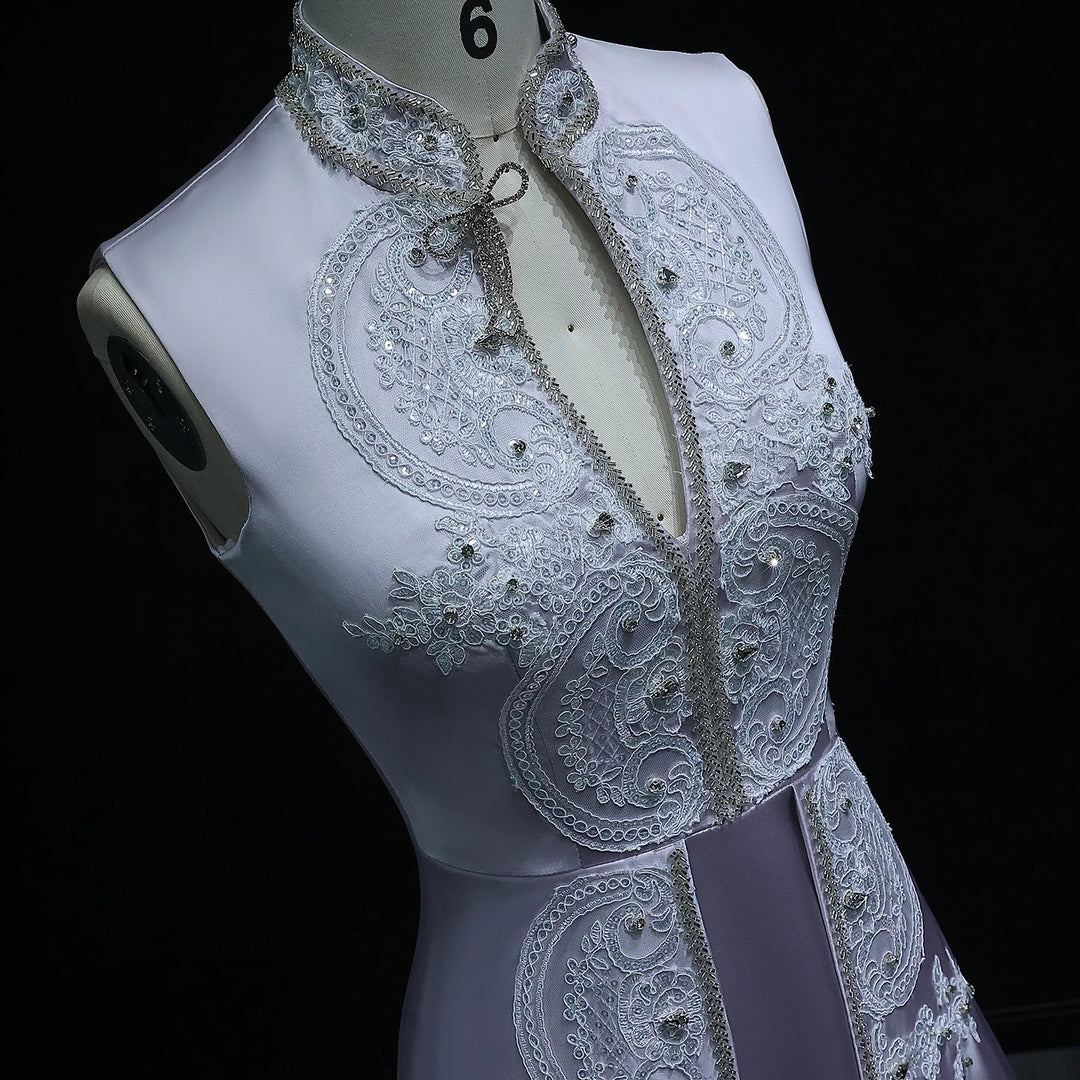 Gray Satin High Neck Evening Dress with Embroidery XD-003