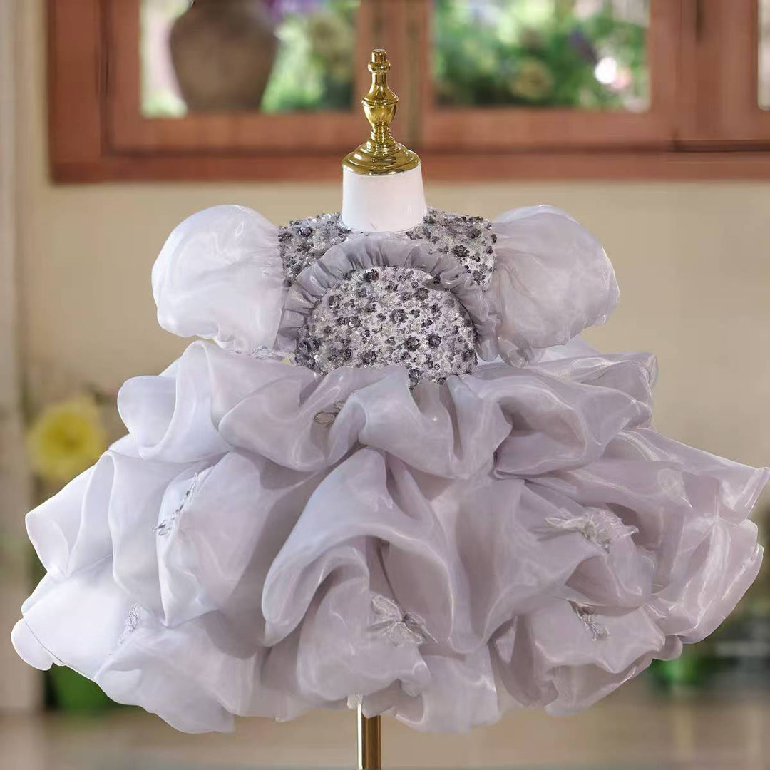 Luxury Gray Tulle Flower Girl Dress Birthday & Wedding Gown D166