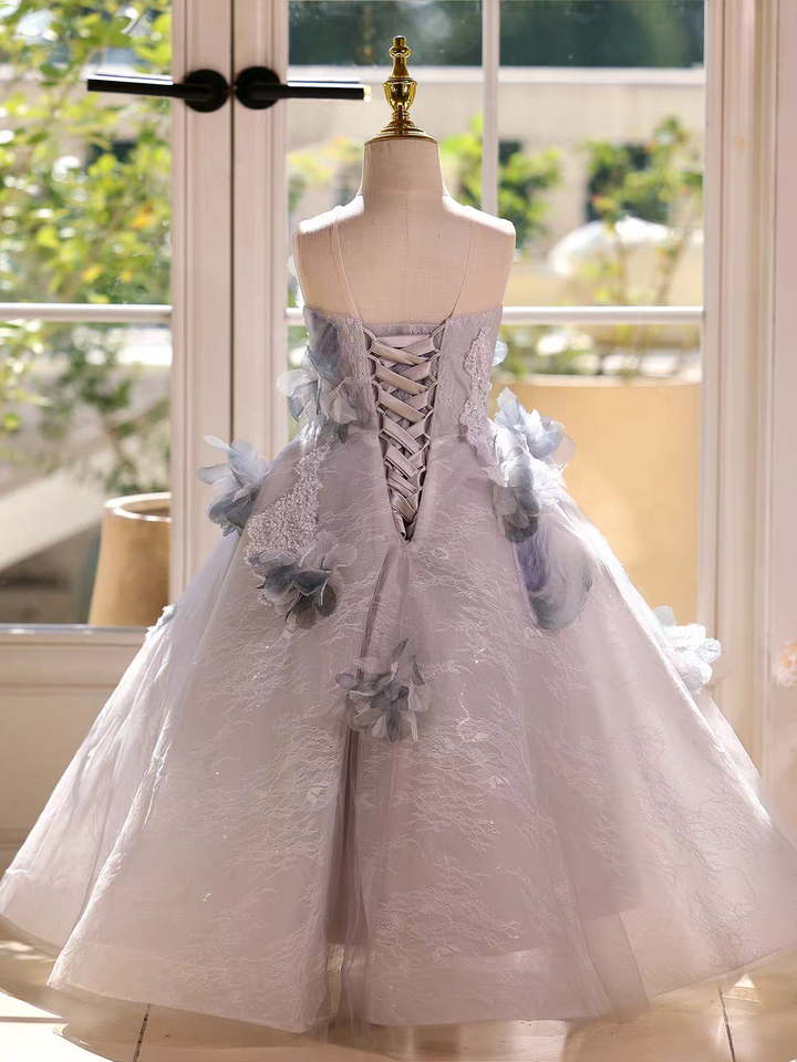 Fairy Sage Green Flower Girl Dress with 3D Floral Appliqués D009