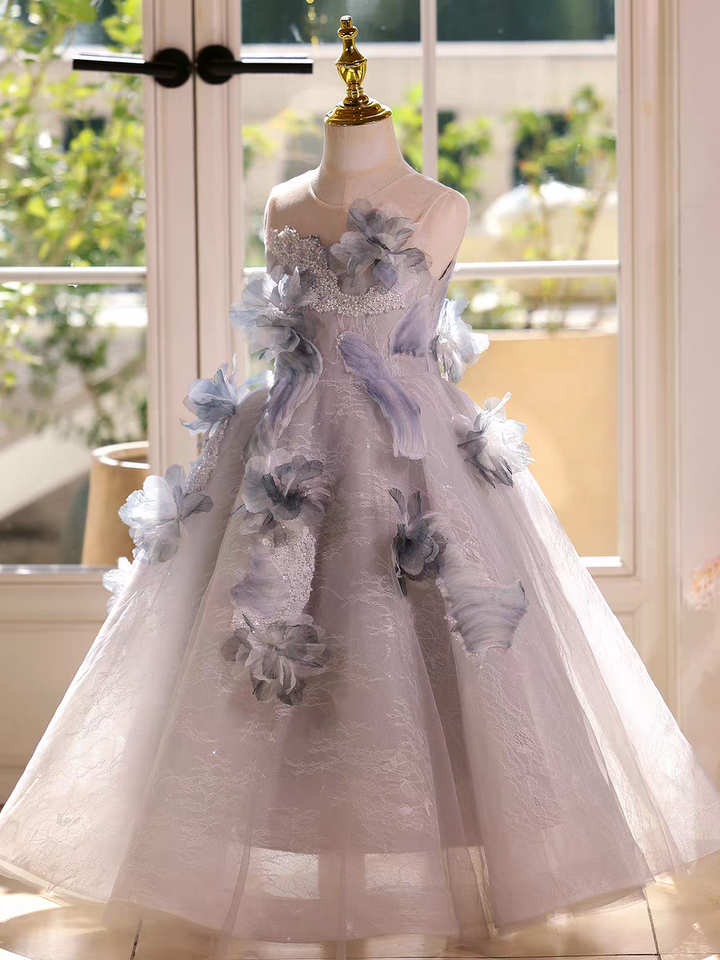 Fairy Sage Green Flower Girl Dress with 3D Floral Appliqués D009