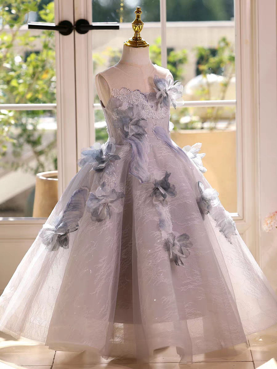 Fairy Sage Green Flower Girl Dress with 3D Floral Appliqués D009