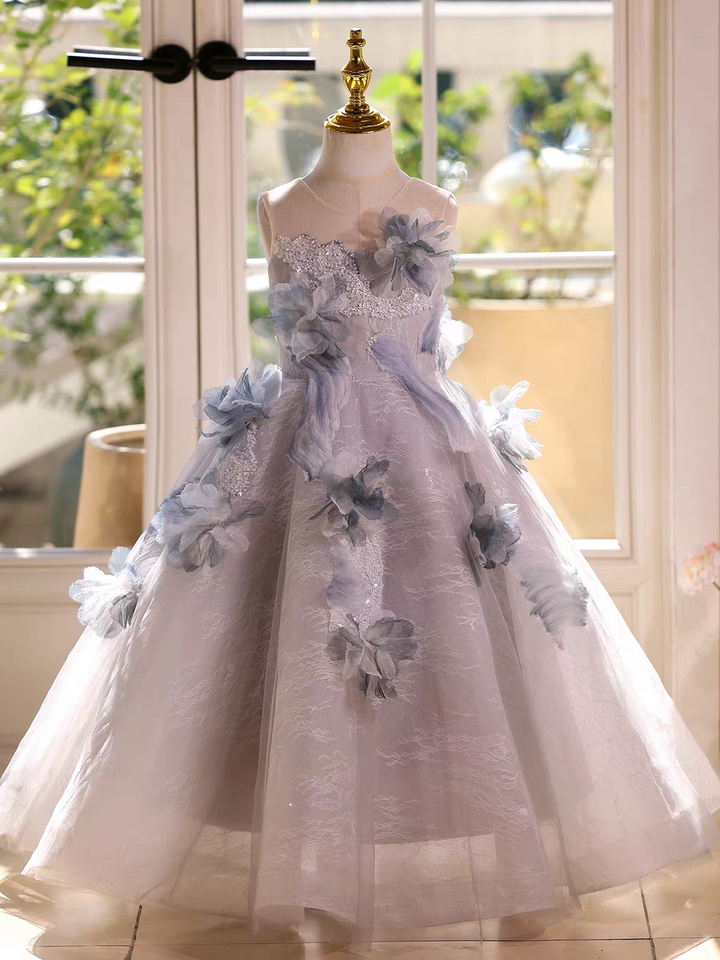 Fairy Sage Green Flower Girl Dress with 3D Floral Appliqués D009