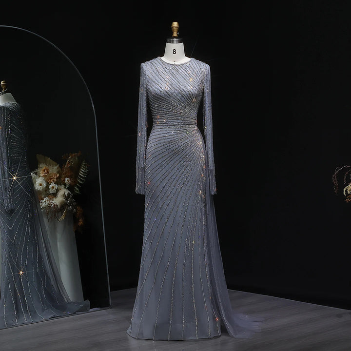 Luxury Gray Blue Long Sleeve Evening Dress with Swirl Beading SS113
