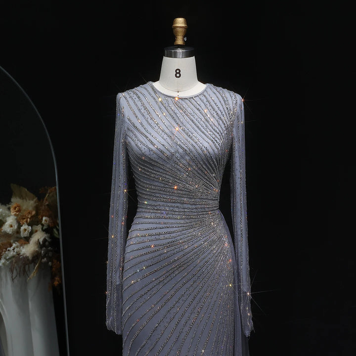 Luxury Gray Blue Long Sleeve Evening Dress with Swirl Beading SS113