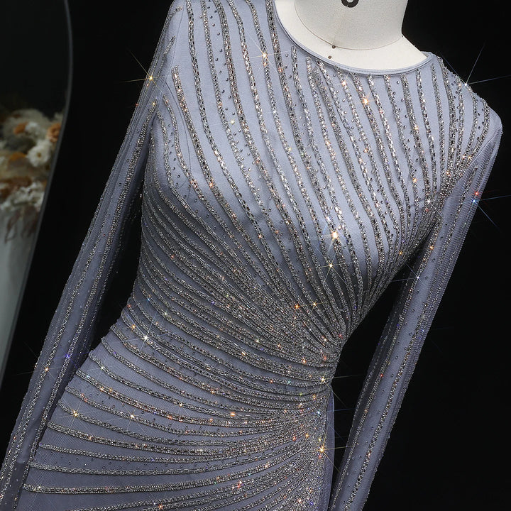 Luxury Gray Blue Long Sleeve Evening Dress with Swirl Beading SS113