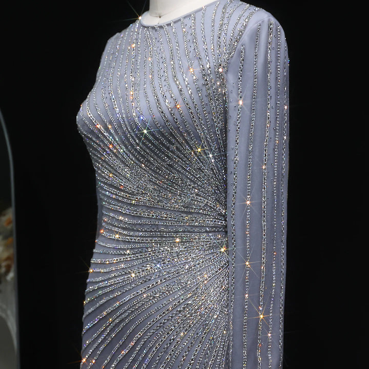 Luxury Gray Blue Long Sleeve Evening Dress with Swirl Beading SS113