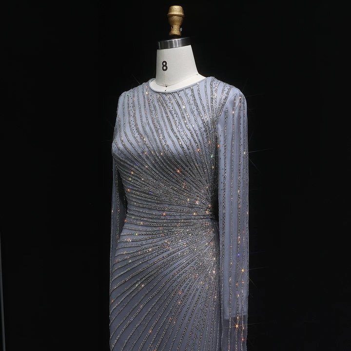 Luxury Gray Blue Long Sleeve Evening Dress with Swirl Beading SS113