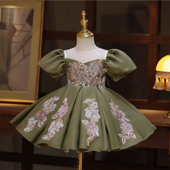 Green Satin Puff Sleeves for Weddings Birthdays Knee Length D131