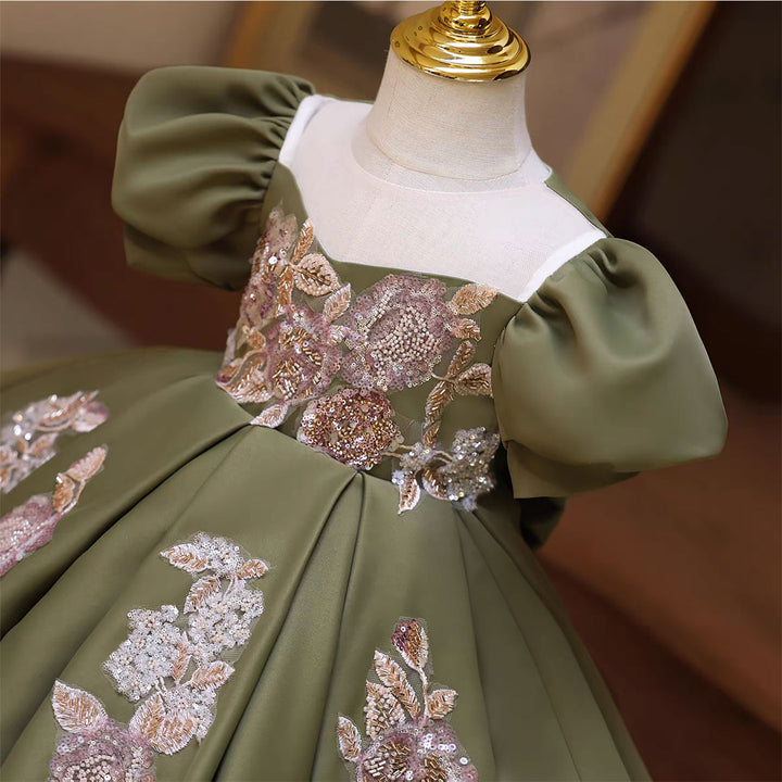 Green Satin Puff Sleeves for Weddings Birthdays Knee Length D131