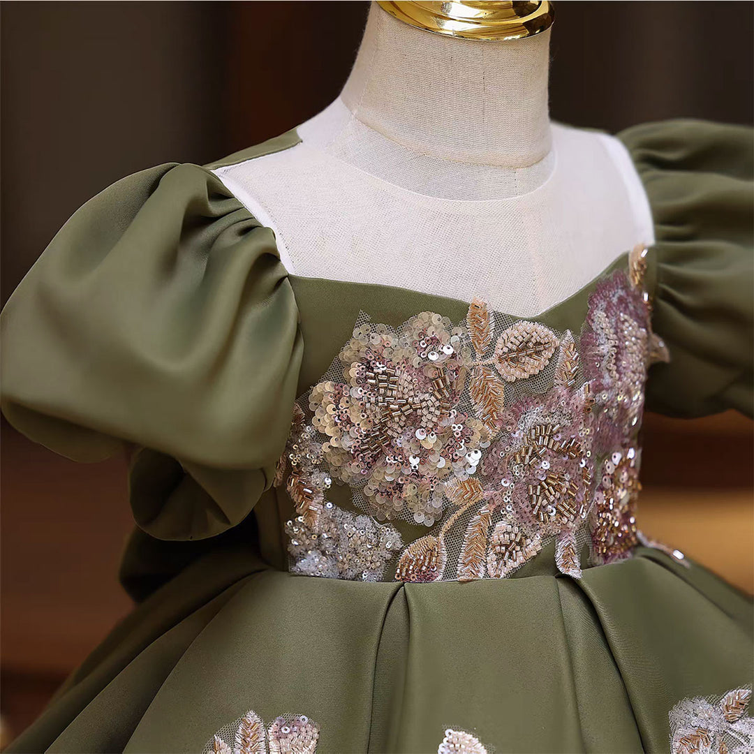 Green Satin Puff Sleeves for Weddings Birthdays Knee Length D131