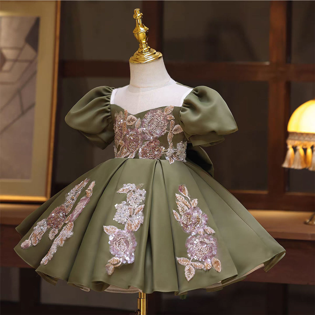 Green Satin Puff Sleeves for Weddings Birthdays Knee Length D131