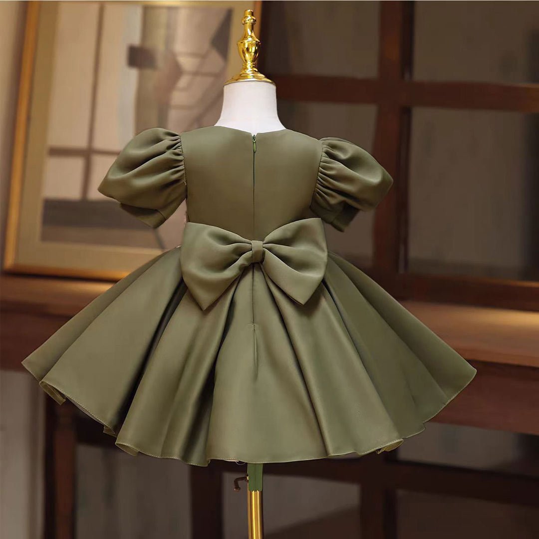 Green Satin Puff Sleeves for Weddings Birthdays Knee Length D131