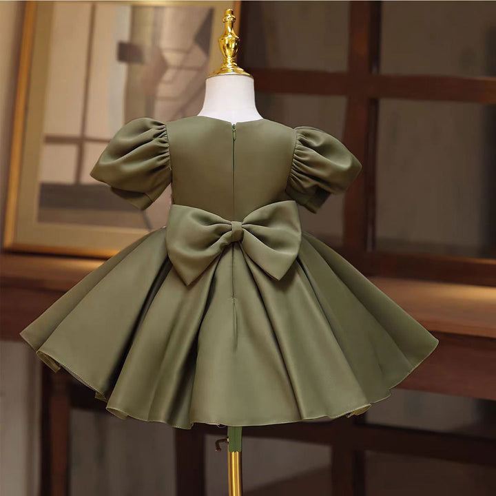 Green Satin Puff Sleeves for Weddings Birthdays Knee Length D131