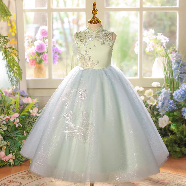 Elegant Sage Green Beaded Flower Girl Pageant Princess Gown D220