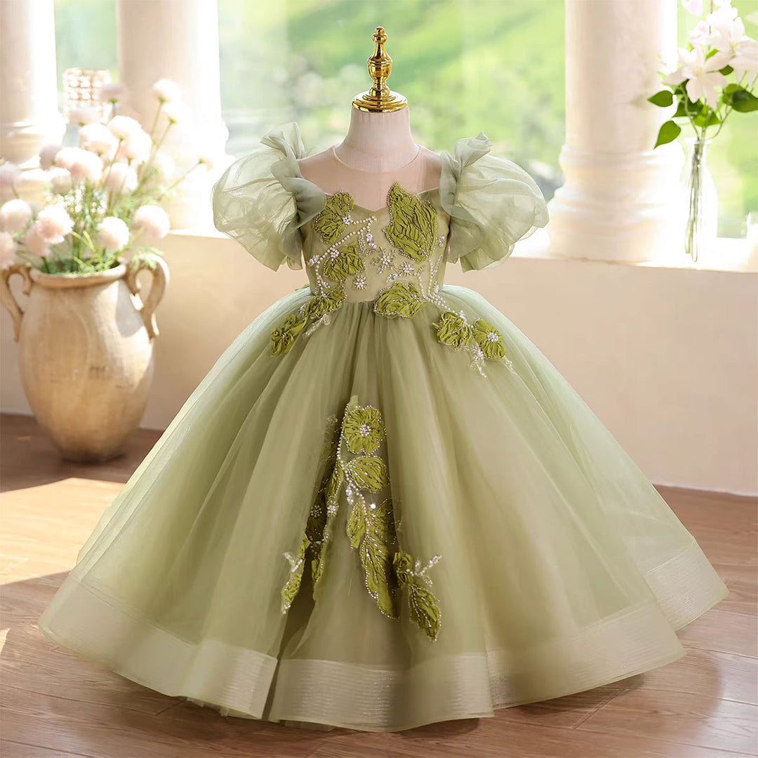 Forest Inspired Tulle Flower Girl Dress with 3D Embroidery D123 Green / child-3 Forest Inspired Tulle Flower Girl Dress with 3D Embroidery D123 Green / child-3