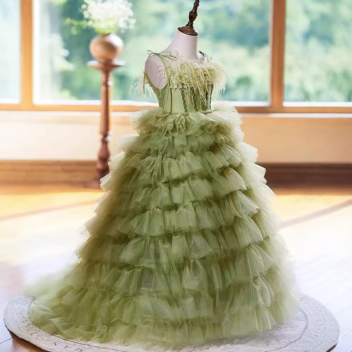 Green Tulle Flower Girl Dress with Feather Birthday Party Prom D127