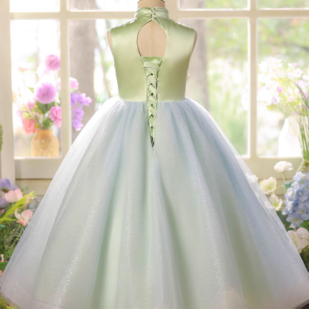 Elegant Sage Green Beaded Flower Girl Pageant Princess Gown D220