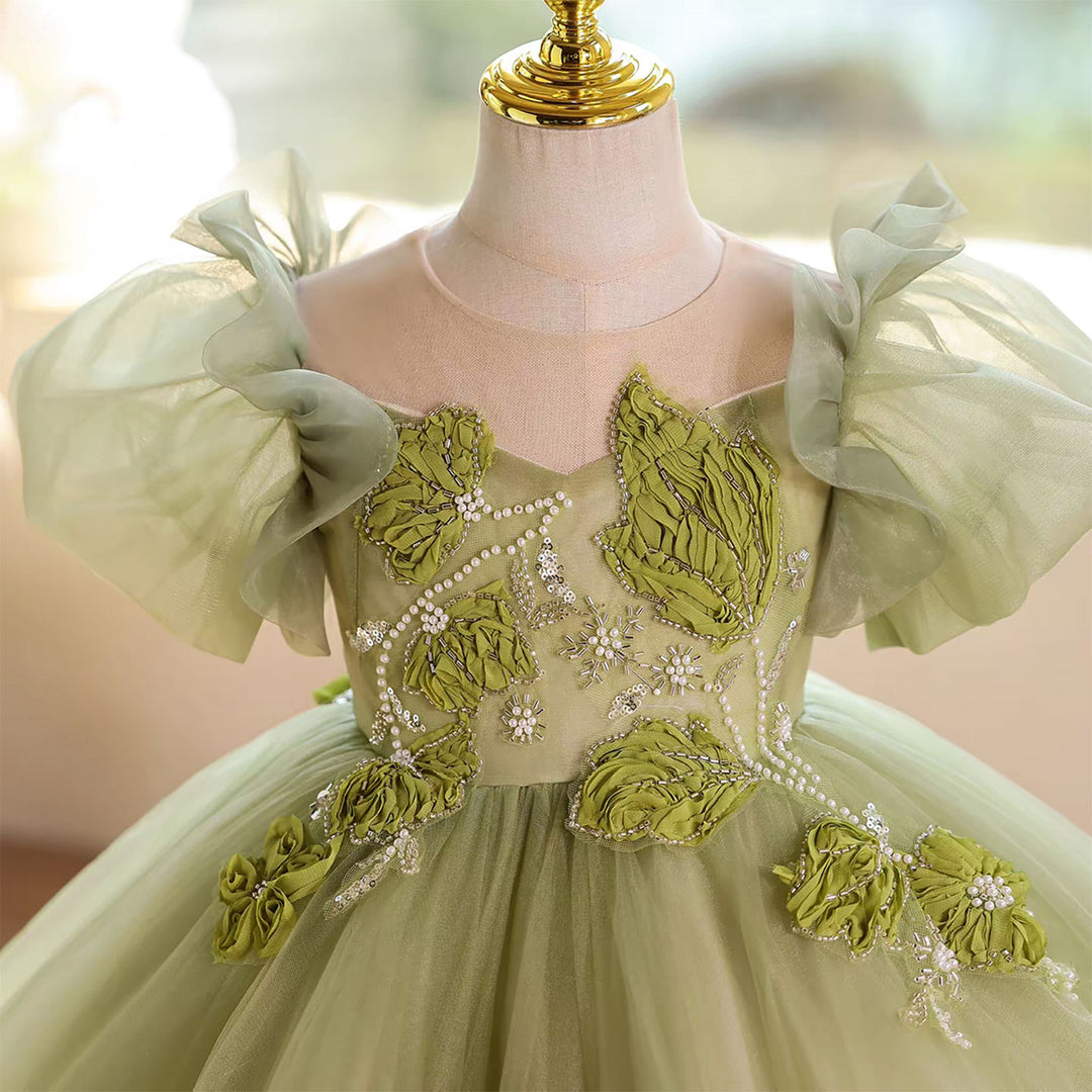 Forest Inspired Tulle Flower Girl Dress with 3D Embroidery D123