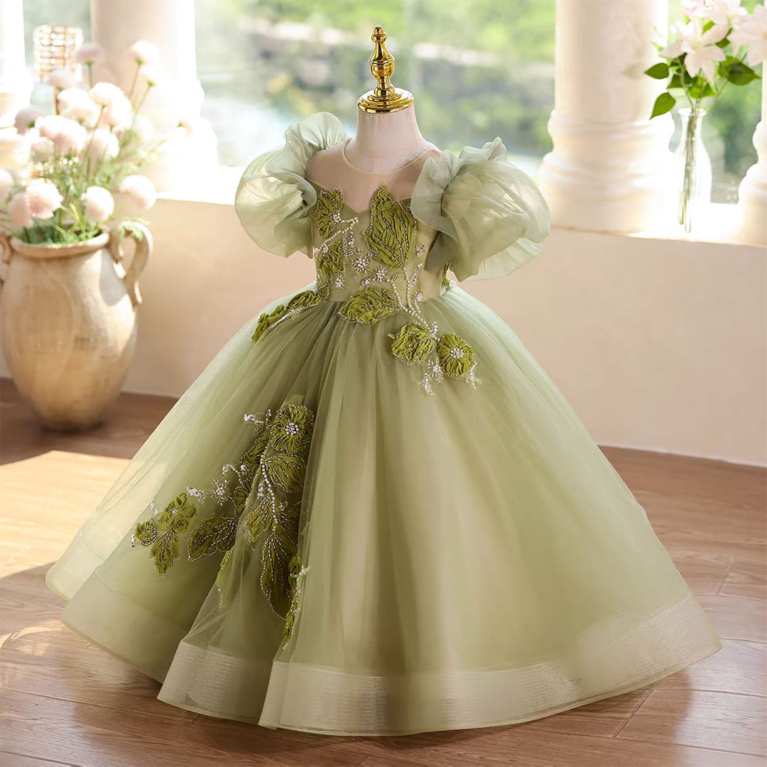 Forest Inspired Tulle Flower Girl Dress with 3D Embroidery D123 Green / child-3 Forest Inspired Tulle Flower Girl Dress with 3D Embroidery D123 Green / child-3