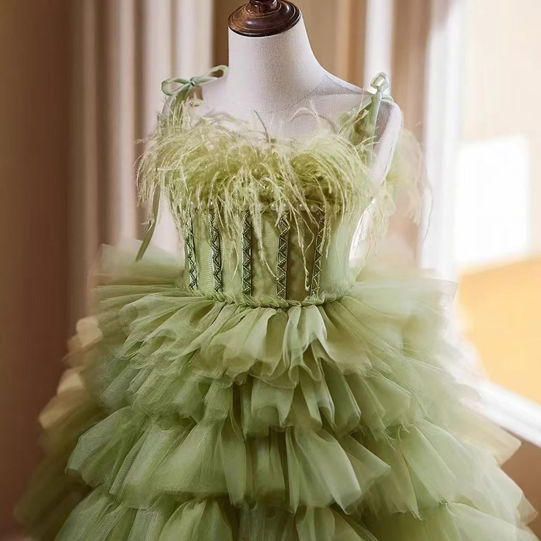 Green Tulle Flower Girl Dress with Feather Birthday Party Prom D127