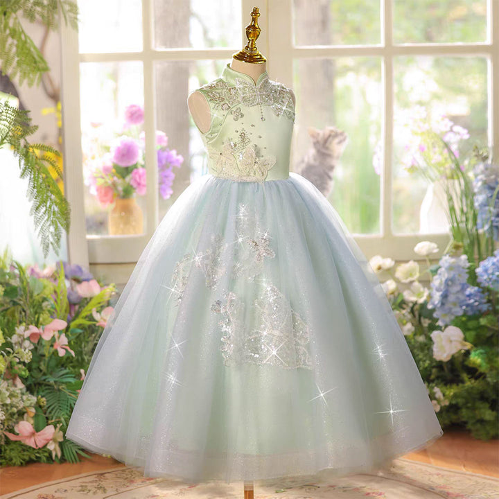 Elegant Sage Green Beaded Flower Girl Pageant Princess Gown D220