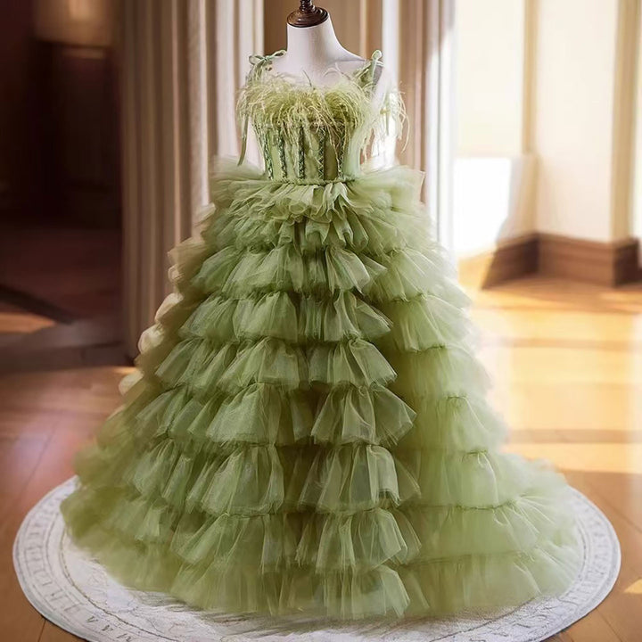 Green Tulle Flower Girl Dress with Feather Birthday Party Prom D127