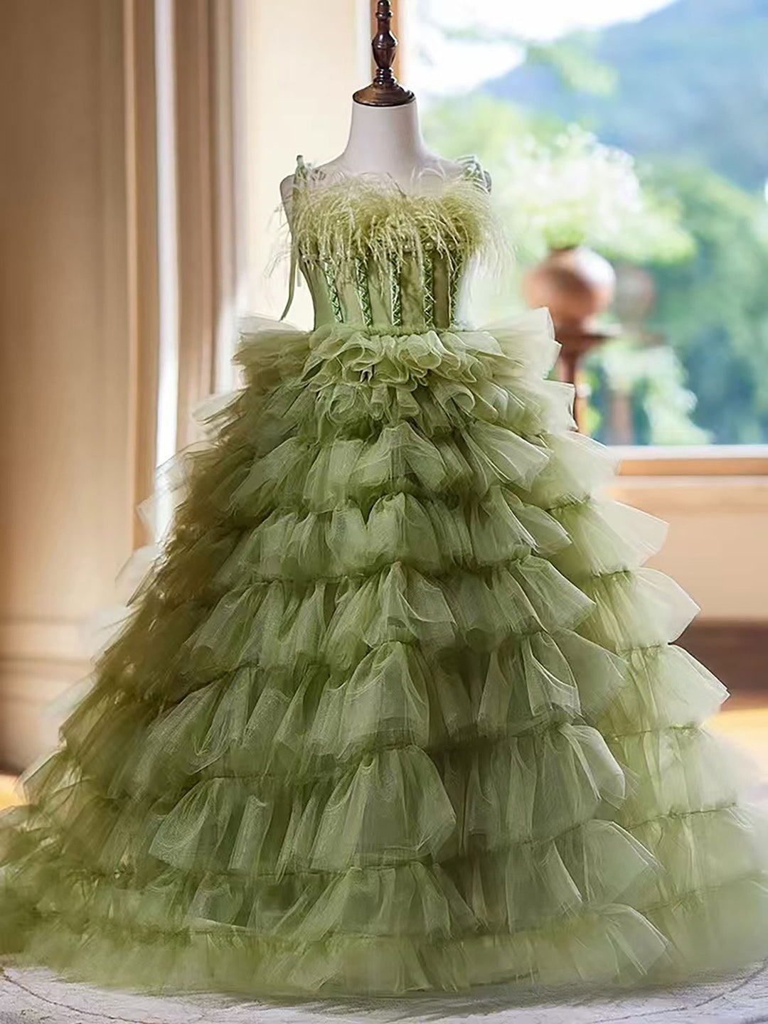 Green Tulle Flower Girl Dress with Feather Birthday Party Prom D127 DreamyVow Green Tulle Flower Girl Dress with Feather Birthday Party Prom D127 DreamyVow