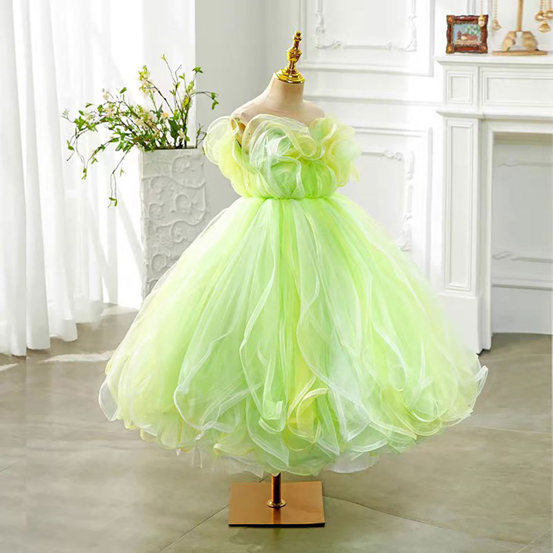 Green Ruffled Tulle Flower Girl Dress Wedding Birthday Party Prom D126