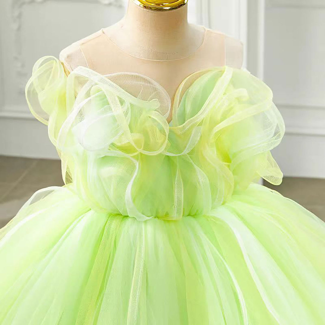 Green Ruffled Tulle Flower Girl Dress Wedding Birthday Party Prom D126